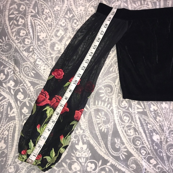 Velvet Off Shoulder Sheer Sleeve Crop Top - Picture 6 of 8